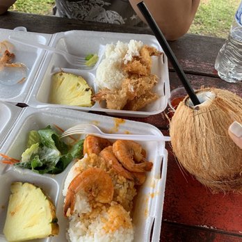 Aloha Shrimp - Spicy garlic lemon shrimp, coconut shrimp and $5 small cold coconut from the next door vendor - Food Trucks Near Me - Hauula, Hawaii Aloha Shrimp - Spicy garlic lemon shrimp, coconut shrimp and $5 small cold coconut from the next door vendor - Food Trucks Near Me - Hauula, Hawaii