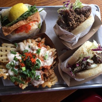 KoJa Kitchen - Braised Pork Koja ($7.75) & Umami Fries ($6.35) (left), 2 Original Kojas ($8.95) (right) - Japanese Near Me - San Francisco, California