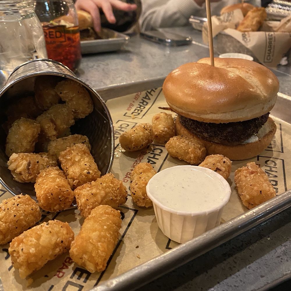 Charred Burger + Bar - Jalapeño popper burger with a side of tots - Burgers Near Me - Omaha, Nebraska