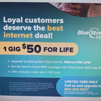 Blue Stream Fiber - This is their promotion/deal. - Internet Service Providers Near Me - Coral Springs, Florida Blue Stream Fiber - This is their promotion/deal. - Internet Service Providers Near Me - Coral Springs, Florida