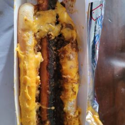 That's supposed to be a chili dog with cheese and mustard. That's supposed to be a chili dog with cheese and mustard.