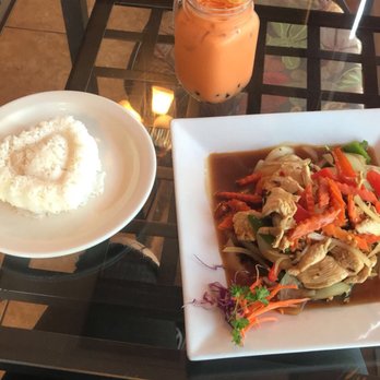 Iron Pan Thai Kitchen - Thai Iced Tea with boba and Thai Basil Stir Fry. - Thai Near Me - Poway, California