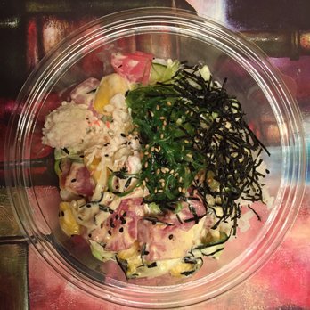 Pokeworks - Large bowl with 2 parts of ahi tuna and salmon; with wasabi aioli and a bunch of toppings. My favorite toppings were crab and seaweed salad - Poke Near Me - Somerville, Massachusetts Pokeworks - Large bowl with 2 parts of ahi tuna and salmon; with wasabi aioli and a bunch of toppings. My favorite toppings were crab and seaweed salad - Poke Near Me - Somerville, Massachusetts