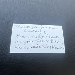 River Runners Transport - A kind thank you note left in car from staff.