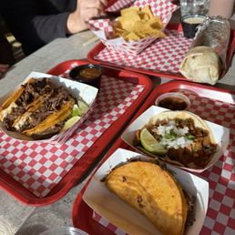 Birria Tacos, Chicken Taco, Shrimp Burrito, Queso & Chips Birria Tacos, Chicken Taco, Shrimp Burrito, Queso & Chips