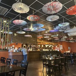 the interior of a restaurant with umbrellas hanging from the ceiling the interior of a restaurant with umbrellas hanging from the ceiling