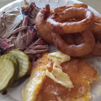 Dave Poe's BBQ - BBQ plate, mac and cheese and onion rings - Barbeque Near Me - Marietta, Georgia Dave Poe's BBQ - BBQ plate, mac and cheese and onion rings - Barbeque Near Me - Marietta, Georgia