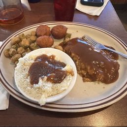Country Style steak, mashed potatoes, gravy, & fried okra.