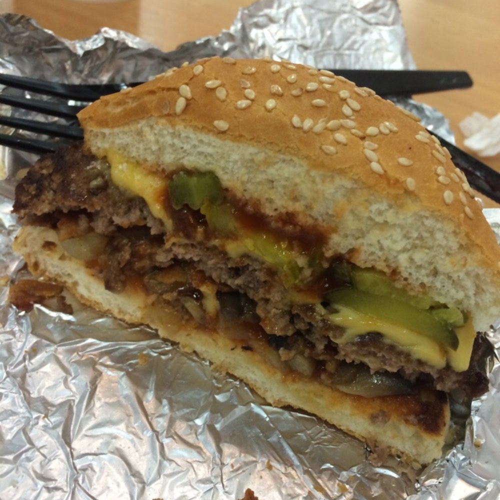 Five Guys - Bacon cheeseburger with mushroom onions pickles and ketchup - Fast Food Near Me - Medford, Massachusetts Five Guys - Bacon cheeseburger with mushroom onions pickles and ketchup - Fast Food Near Me - Medford, Massachusetts
