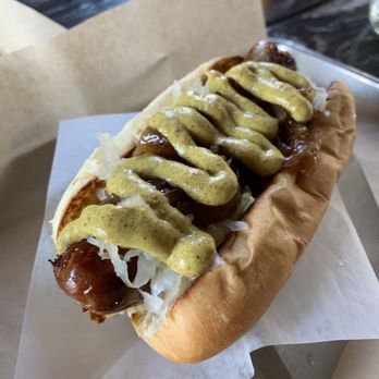 Bangers & Brews - Westside - German Bratwurst with spicy mustard, sauerkraut, and caramelized onions. - German Near Me - Bend, Oregon