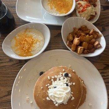 Another Broken Egg Cafe - Lemon Blueberry Goat Cheese Pancakes, Hash Brown Benedict, Grits, Fresh Country Potatoes - Breakfast & Brunch Near Me - Dunwoody, Georgia