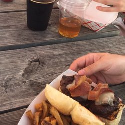 Slideways Bistro - Jamaican jerk chicken slider w/fries; bacon mushroom swiss beef sliders w/fries.