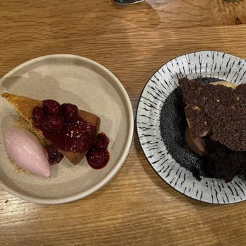 Rooster & Owl - (L): olive oil cake semolina, cherry, mascarpone  (R): chocolate ganache devil's food cake, caramel, espresso foam - New American Near Me - Washington, DC, District of Columbia