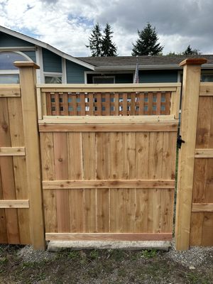 Deluxe Red/Yellow Cedar Estate - This project was large, it was a full rebuild of an entire lot. We went with one of the best models of fencing we could, Deluxe Red and Yellow Cedar Estate, it includes:
Yellow Cedar Posts (Longest Lasting Posts)
3 Crossbeams (Strong for Large Dogs)
#3 Red Cedar Fence Boards (Cost Effective)
Yellow Cedar Cap-Rails (Best for diverting Rain)
3 Outside Trims (Looks Beautiful)
We also built a beautiful Red/Yellow Cedar Lattice Gate sitting between 4x6 Yellow Cedar Posts on their front walkway.
Then we ended up doing the same style for the neighbor and connecting the neighbors back fence into the project.
Their lot is perfectly set up to keep their large German Shepards fully fenced in for decades to come. Deluxe Red/Yellow Cedar Estate - This project was large, it was a full rebuild of an entire lot. We went with one of the best models of fencing we could, Deluxe Red and Yellow Cedar Estate, it includes:
Yellow Cedar Posts (Longest Lasting Posts)
3 Crossbeams (Strong for Large Dogs)
#3 Red Cedar Fence Boards (Cost Effective)
Yellow Cedar Cap-Rails (Best for diverting Rain)
3 Outside Trims (Looks Beautiful)
We also built a beautiful Red/Yellow Cedar Lattice Gate sitting between 4x6 Yellow Cedar Posts on their front walkway.
Then we ended up doing the same style for the neighbor and connecting the neighbors back fence into the project.
Their lot is perfectly set up to keep their large German Shepards fully fenced in for decades to come.