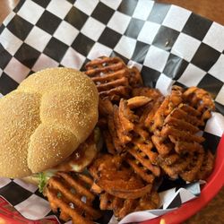 BlackBerry BBQ (substituted burger patty with grilled chicken) and sweet potato fries