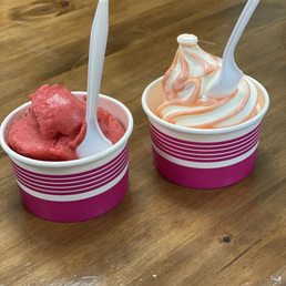 Raspberry gelato and soft serve with peach ripple Raspberry gelato and soft serve with peach ripple