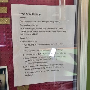 Baby's - Baby's Burger Challenge Rules - American Near Me - Indianapolis, Indiana Baby's - Baby's Burger Challenge Rules - American Near Me - Indianapolis, Indiana