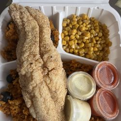 Lacoy’s - Deep fried cat dish plate with gadule rice