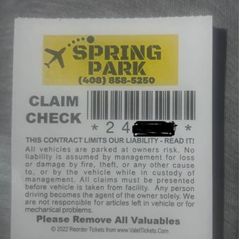 Spring Park SJC - Claim Stub *fine print* - Parking Near Me - San Jose, California