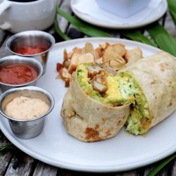 ReelCatch - scrambled eggs, crushed avocado, mozzarella, grilled steak, breakfast potatoes, chipotle aioli, salsa