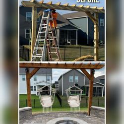 Growing Green Works - A patio paver an outdoor fireplace and a small pergola add a lovely touch to your patio.