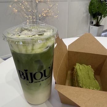 Bijou - Bijou L Matcha Tiramisu Latte with tiramisu on the side - Desserts Near Me - Houston, Texas