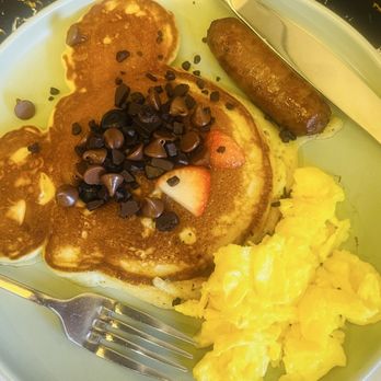 Heat Bistro - Chocolate chip pancakes with scrambled eggs, sausage, and fresh strawberries. - French Near Me - San Diego, California Heat Bistro - Chocolate chip pancakes with scrambled eggs, sausage, and fresh strawberries. - French Near Me - San Diego, California