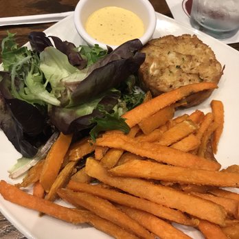 Stephanie's - Crab cake sandwich with no bread and sweet potato fries and salad - American Near Me - Boston, Massachusetts Stephanie's - Crab cake sandwich with no bread and sweet potato fries and salad - American Near Me - Boston, Massachusetts