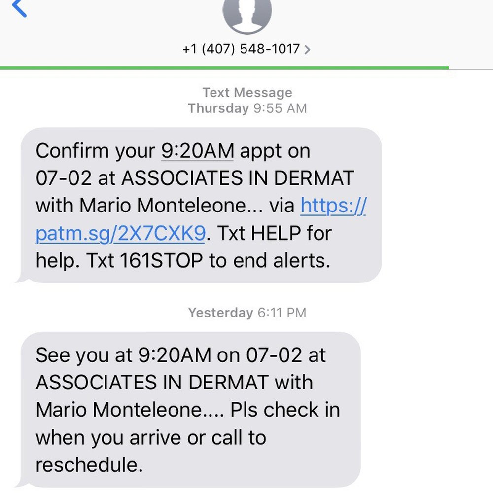 Associates In Dermatology - Text Confirming my appointment - Dermatologists Near Me - Celebration, Florida