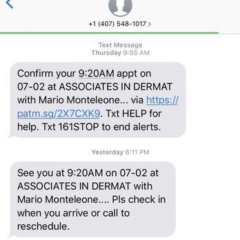 Associates In Dermatology - Text Confirming my appointment - Dermatologists Near Me - Celebration, Florida Associates In Dermatology - Text Confirming my appointment - Dermatologists Near Me - Celebration, Florida