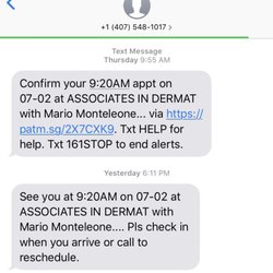 Associates In Dermatology - Text Confirming my appointment
