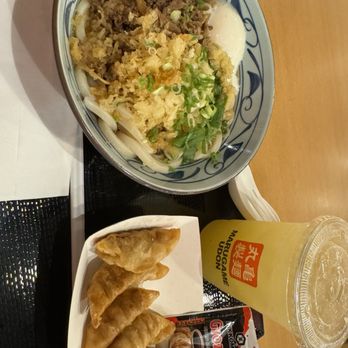 Marugame Udon - Nikutama bowl with gyoza and calamansi drink - Japanese Near Me - Costa Mesa, California