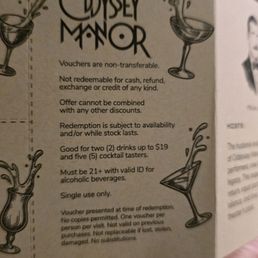 Oddyssey Manor - The card you get at check-in. April 2026 - menu - Cocktail Bars Near Me - Las Vegas, Nevada