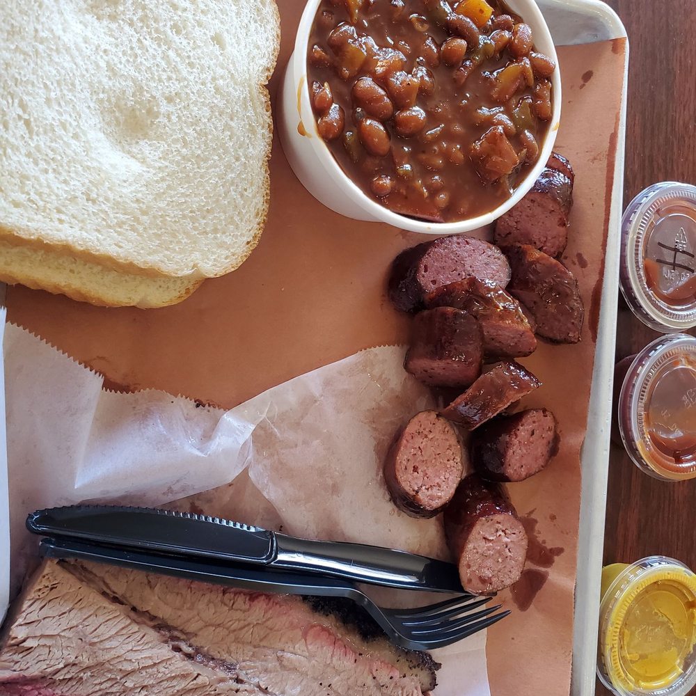 Jeff's Texas Style BBQ - Little tray - 1/3 pound brisket and beans and link sausage - Barbeque Near Me - Marysville, Washington Jeff's Texas Style BBQ - Little tray - 1/3 pound brisket and beans and link sausage - Barbeque Near Me - Marysville, Washington