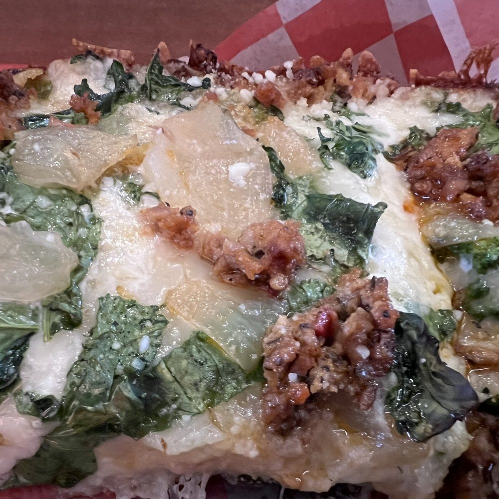 Pizza Wizard - THE GLOVEBOX REPAIR SQUARE - House Sausage, Ricotta, Broccoli Rabe, Roasted Onions, Garlic Oil - Pizza Near Me - Rochester, New York Pizza Wizard - THE GLOVEBOX REPAIR SQUARE - House Sausage, Ricotta, Broccoli Rabe, Roasted Onions, Garlic Oil - Pizza Near Me - Rochester, New York