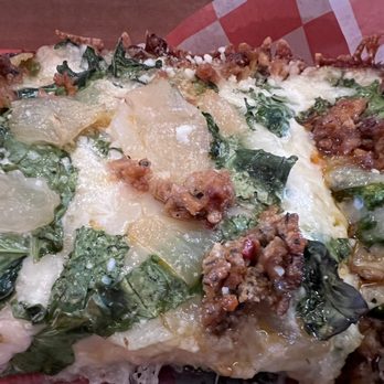 Pizza Wizard - THE GLOVEBOX REPAIR SQUARE - House Sausage, Ricotta, Broccoli Rabe, Roasted Onions, Garlic Oil - Pizza Near Me - Rochester, New York Pizza Wizard - THE GLOVEBOX REPAIR SQUARE - House Sausage, Ricotta, Broccoli Rabe, Roasted Onions, Garlic Oil - Pizza Near Me - Rochester, New York