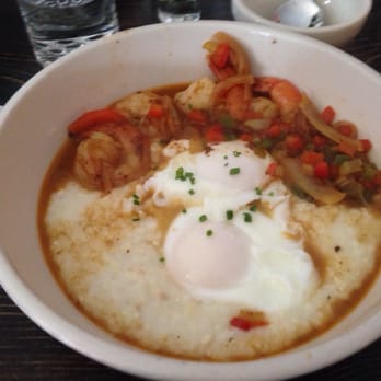 Bacon & Eggs - Shrimp and grits with poached eggs. - New American Near Me - Walla Walla, Washington