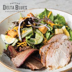 Pappas Delta Blues Smokehouse - BBQ SALAD with local greens, cucumber, red onion, baby tomatoes, chopped egg, sharp cheddar & brioche croutons