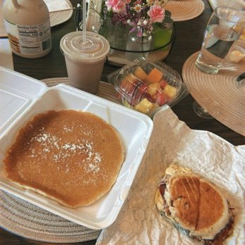 Grace’s Cafe - Pancakes, Fruit Cupfruit, chocolate milk, 2 eggs scrambles with American Cheese, bacon on an english muffin - Cafes Near Me - Trappe, Pennsylvania