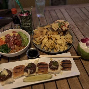 Jungle Bird - Crab Wanton Dip Plate Hawaiian Sliders Plate Pain Killer Cocktail Tuna Poke Plate - Tiki Bars Near Me - Cape Coral, Florida Jungle Bird - Crab Wanton Dip Plate Hawaiian Sliders Plate Pain Killer Cocktail Tuna Poke Plate - Tiki Bars Near Me - Cape Coral, Florida