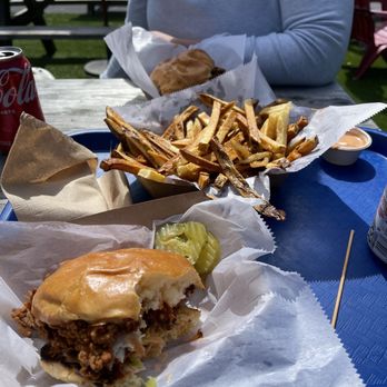 Snow Republic - OG Chicken sandwich and side of fries (one is plenty for 2 people) - Breweries Near Me - West Dover, Vermont