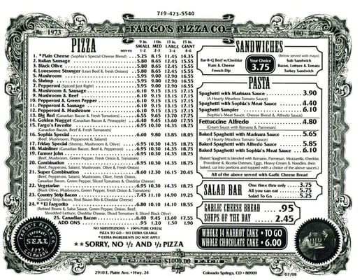 Menu photo 8 Fargo's Pizza Colorado Springs, CO