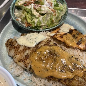 California Fish Grill - Salmon and swai combo with white rice and Caesar Salad - Premium Side Salad - Seafood Near Me - Riverside, California