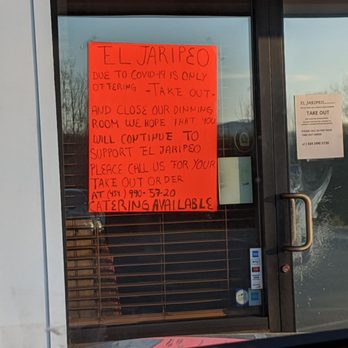 el jaripeo - Sign on the door for takeout only due to pandemic. - Mexican Near Me - Ruckersville, Virginia