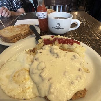 Egg Plantation - Chicken Fried Steak,old fashion Hash brown potatoes, eggs over easy & sourdough bread & an excellent cup of coffee. - Breakfast & Brunch Near Me - Newhall, California Egg Plantation - Chicken Fried Steak,old fashion Hash brown potatoes, eggs over easy & sourdough bread & an excellent cup of coffee. - Breakfast & Brunch Near Me - Newhall, California