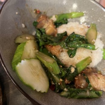 Rimtang - Stir fried Chinese broccoli with crispy roasted pork over jasmine rice. - Thai Near Me - Washington, DC, District of Columbia Rimtang - Stir fried Chinese broccoli with crispy roasted pork over jasmine rice. - Thai Near Me - Washington, DC, District of Columbia