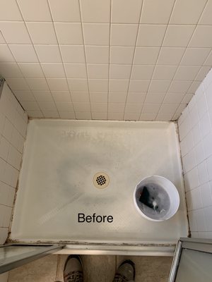 Shower Restoration - This restoration project was done on a shower that had a ton of mold and discoloration on the grout/ caulking and shower pan. After cleaning and extracting the grout/ caulking we were able to restore it to new. Shower Restoration - This restoration project was done on a shower that had a ton of mold and discoloration on the grout/ caulking and shower pan. After cleaning and extracting the grout/ caulking we were able to restore it to new.