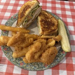 Mr. T's Deli - Grilled chicken avocado pico pepper jack sandwich with tempura fries.