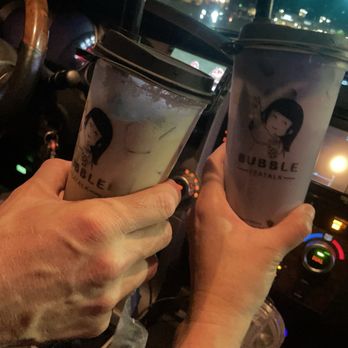 Bubble Teatalk - Strawberry matcha with lychee popping boba on left and ube boba. - Bubble Tea Near Me - Evansville, Indiana