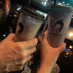 Bubble Teatalk - Strawberry matcha with lychee popping boba on left and ube boba.
